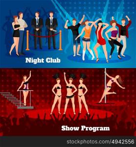 Night Club Dance Show 2 Flat Banners. Night club erotic pole dance show program 2 flat horizontal banners with sexy girls isolated vector illustration