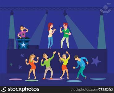 Night club, dj making music, girl and boy singing song on stage. Cheerful people dancing with hand up, disco and light effects, karaoke festival vector. Night club, Dj and Singing Artists, Dancers Vector