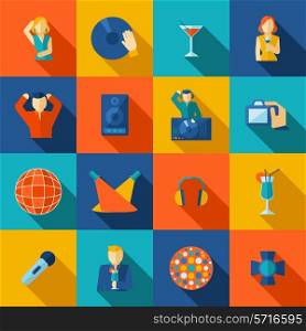 Night club icon flat set with cocktails karaoke singing music play isolated vector illustration