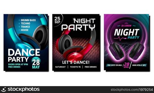 Night club music poster set vector. Event party concept. Show card design. Dark neon light. 3d realistic illustration. Night club music poster set vector