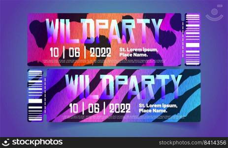 Night club party ticket templates set. Vector illustration of music concert invitation layout with colorful zebra and leopard skin texture background, barcode and s&le text. Exotic wild animal design. Night club party ticket templates set vector
