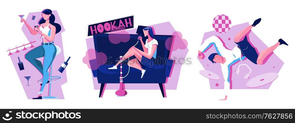 Night club set of three flat compositions with people drinking alcoholic drinks dancing and smoking hookah vector illustration