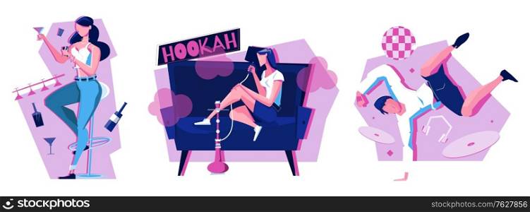 Night club set of three flat compositions with people drinking alcoholic drinks dancing and smoking hookah vector illustration