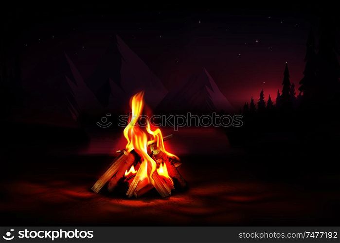 Night composition with burning campfire on mountains and forest background realistic vector illustration