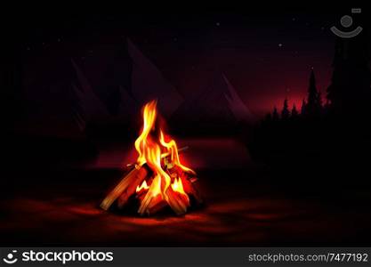 Night composition with burning campfire on mountains and forest background realistic vector illustration