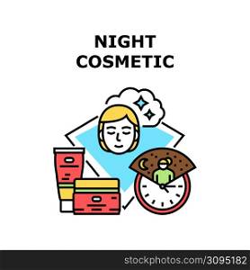 Night Cosmetic Vector Icon Concept. Night Cosmetic Tube And Jar Packages, Female Applying Healthy Cosmetology For Skin Care. Serum And Collagen Beauty Skincare Product Color Illustration. Night Cosmetic Vector Concept Color Illustration