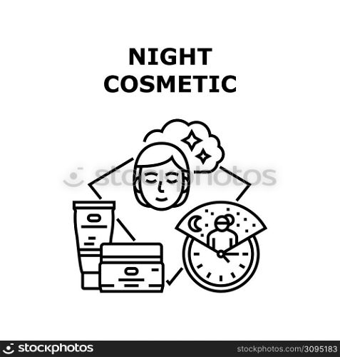 Night Cosmetic Vector Icon Concept. Night Cosmetic Tube And Jar Packages, Female Applying Healthy Cosmetology For Skin Care. Serum And Collagen Beauty Skincare Product Black Illustration. Night Cosmetic Vector Concept Black Illustration