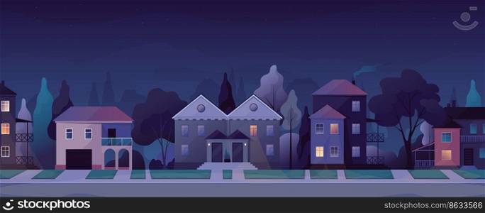 Night country houses. Suburban mansions or bungalows. Evening home exterior with garage and porch. Street landscape. Residential buildings. Real estate. District panorama. Vector cartoon background. Night country houses. Suburban mansions or bungalows. Evening homes with garage and porch. Street landscape. Residential buildings. Real estate. District panorama. Vector background
