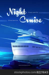 Night cruise on sea liner cartoon flyer, invitation for booking ticket on modern ship travel in ocean, marine journey on luxury sailboat at tropical land, voyage on passenger vessel Vector poster. Night cruise on sea liner cartoon invitation flyer