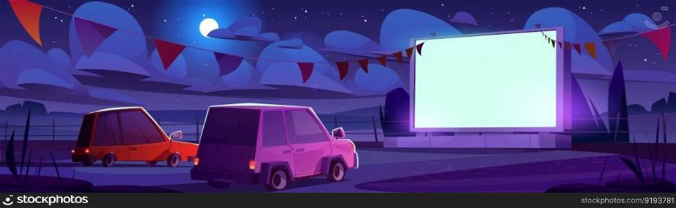 Night drive in outdoor cinema parking illustration. Theater festival with garland for auto on big screen. Air entertainment event for watching film in car outside in summer. Modern video performance. Night drive in outdoor cinema parking illustration