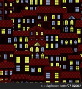 Night european town seamless pattern of old streets and house buildings with ceramic roofs and shining windows. Travel, real estate background or wallpaper themes design. Seamless pattern of european night town