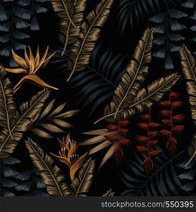Night exotic jungle with gold tropical flowers bird of paradise (strelizia) seamless fabric t-shirt. Summer wallpaper black background