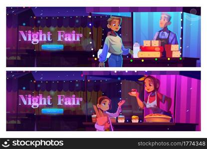 Night fair cartoon web banner with people visit outdoor market booths and kiosks. Characters buying bakery and dairy production at farmer food stalls illuminated with garlands, vector illustration. Night fair cartoon web banner, people at market