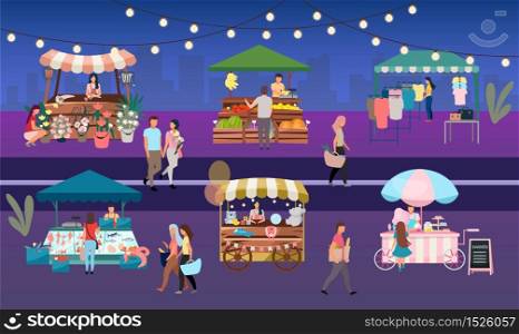 Night fair flat vector illustration. Outdoor street market stalls, summer trade tents with sellers and buyers. Flowers, farmers food and products, clothes city kiosks. People walk local urban shops