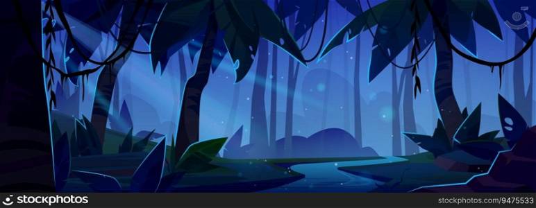 Night fantasy forest spooky vector background. Dark mystery fairytale jungle landscape adventure scene with river. Wild tropic woodland nature mysterious illustration with moonlight ray on coast. Night fantasy forest spooky vector background