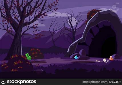 Night fantasy landscape, mountains, cave, trees, autumn. Night fantasy landscape, mountains, cave, trees, autumn. For games and applications. Vector, illustration, isolated. Cartoon style