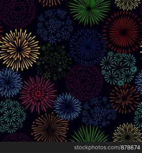 Night firework seamless pattern. Celebration fireworks and fire crackers party vector background. Night firework seamless pattern. Celebration fireworks vector background