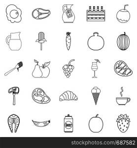 Night food icons set. Outline set of 25 night food vector icons for web isolated on white background. Night food icons set, outline style