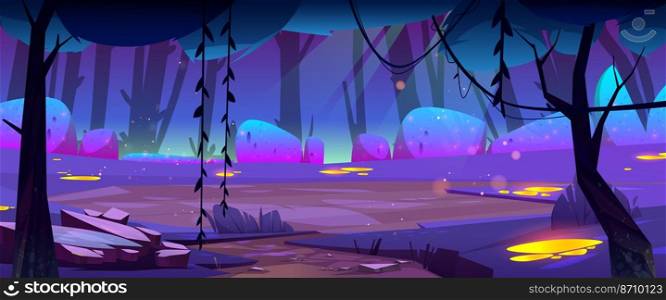 Night forest landscape, cartoon mysterious fantasy or alien planet background, nighttime nature with field, trees, lianas, rocks, neon glowing bushes and yellow spots on ground. Vector illustration. Night forest landscape, cartoon mysterious fantasy