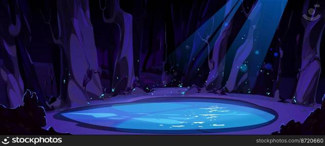 Night forest landscape with clear pond, trees and glowworms under moon light beams. Cartoon fantasy nature game background, moonlight reflection on lake. Wild dark scenery wood Vector illustration. Night forest landscape with clear pond and trees