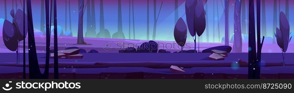 Night forest landscape with trees and glowworms shining in darkness. Wild wood natural background cross section, mysterious game location under moonlight falling down, Cartoon vector illustration. Night forest landscape with trees and glowworms