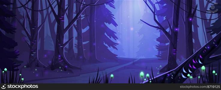 Night forest landscape with trees and road, glowworms and mushrooms shining in darkness. Wild wood fantasy background, dark mysterious place with plants under moonlight, Cartoon vector illustration. Night forest landscape with trees and road, vector