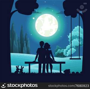 Night forest landscape, young romantic couple sitting on bench under moonlight. Date on moonlit night. Tree with hanging swing, pair of hares. Deciduous forest, bushes background. Bright round moon. Night date on bench, natural landscape, bright moon shines, forest area, lawn, trees. Flat image