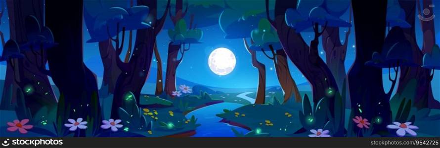 Night forest river with full moon and firefly cartoon nature landscape background. Stream water scenery in magic valley with glowworm environment at nighttime. Dark beautiful spring woods backdrop. Night forest river with full moon and firefly