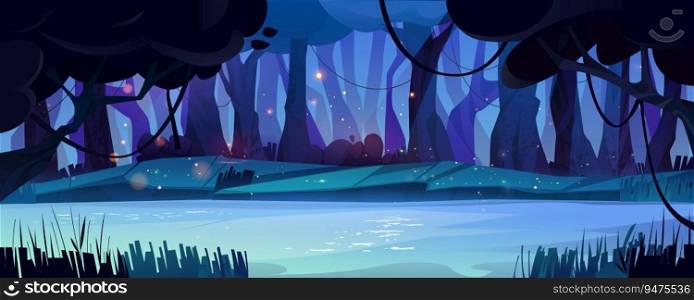Night forest river with golden fireflies glowing in air. Vector cartoon illustration of neon blue water flowing in dark woodland, yellow sparkles shimmering in darkness, fairy tale magic background. Night forest river with golden fireflies in air
