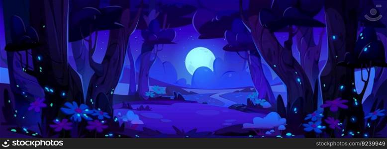 Night forest vector landscape scene with firefly and moon light. Dark starry sky above field and path near tree. Beautiful lawn scenery at nighttime. Beautiful panoramic fantasy fairytale environment. Night forest vector landscape scene with firefly
