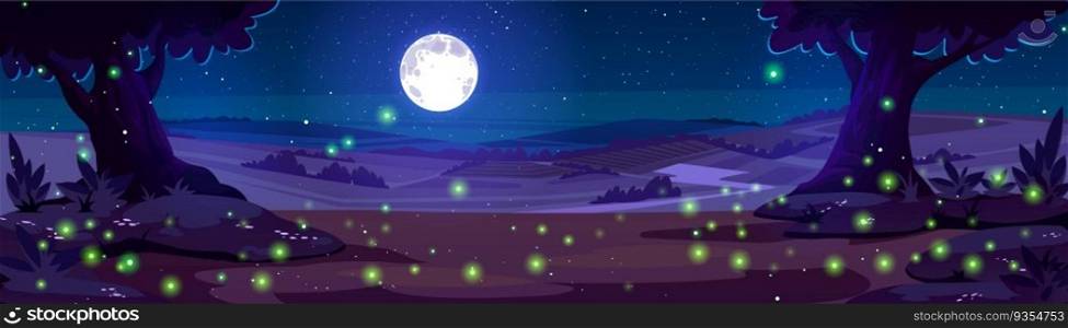Night forest with firefly cartoon vector landscape background. Full moon and tree dark countryside scene illustration. Spooky fantasy glowworm scenery at nighttime. Mysterious valley environment. Night forest with firefly cartoon vector landscape