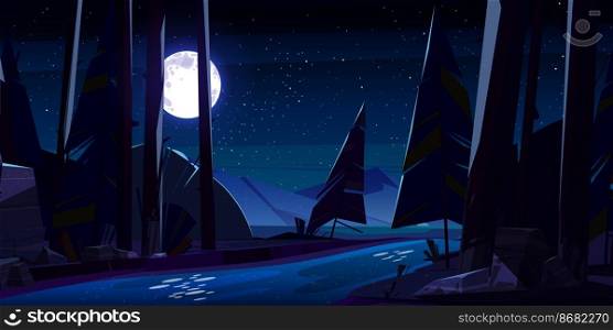Night forest with river and mountains. Nature wood landscape with moonlight and stars reflecting on water surface. Scenery background with pines and full moon at midnight, Cartoon vector illustration. Night forest with river and mountains, nature