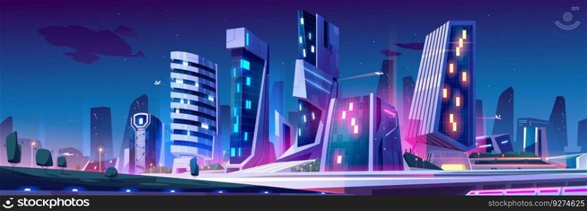 Night future city building skyline background illustration. Futuristic cityscape of town with neon light. Cyber architecture glow perspective panorama with road. Purple skyscraper and spaceship in sky. Night future city building skyline background