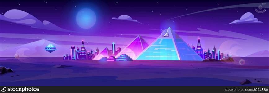Night futuristic neon Egypt city with pyramid background. Dark cyber architecture in desert landscape with landmark. Illuminated purple ancient environment. Cairo dream cityscape with moon glow. Night futuristic Egypt city and pyramid background