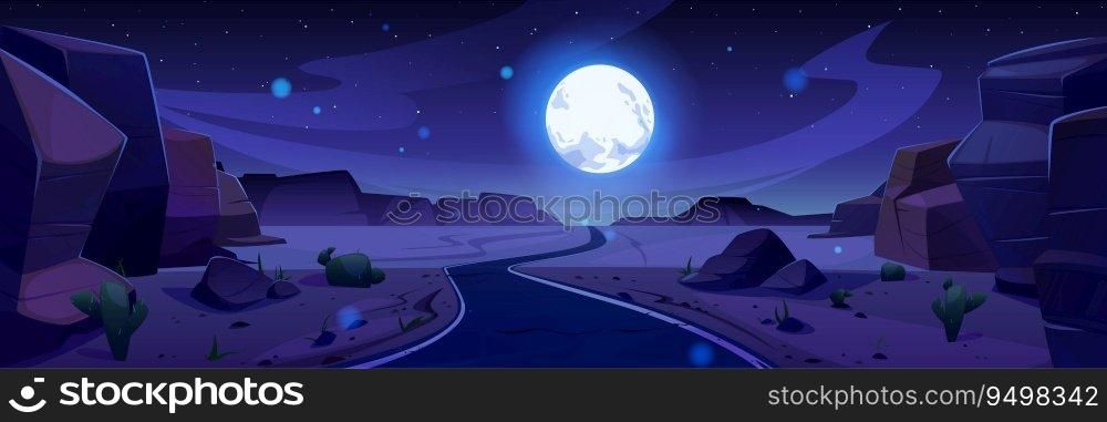 Night grand canyon full moon cartoon landscape. National usa park with mountain and rock cliff in sand desert wilderness environment vector background scene. Amazing midnight valley with cactus. Night grand canyon full moon cartoon landscape