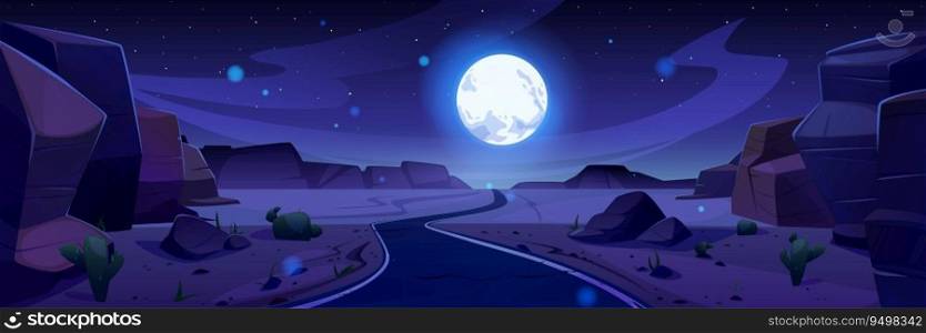 Night grand canyon full moon cartoon landscape. National usa park with mountain and rock cliff in sand desert wilderness environment vector background scene. Amazing midnight valley with cactus. Night grand canyon full moon cartoon landscape