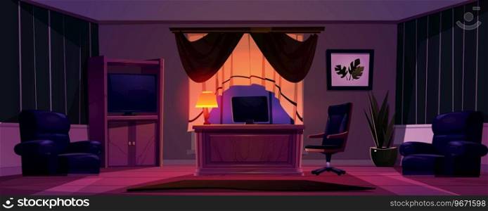 Night home office room furniture. Vector cartoon illustration of dark study interior with business work space, computer and l&on luxury wooden desk, leather armchairs, picture on wall, flower pot. Night home office room furniture