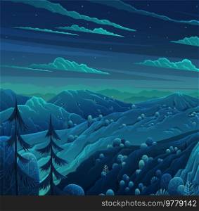 Night in forest, vector cartoon illustration. Hills and tall trees, pine forest on horizon lush bushes, clouds in starry sky. Beautiful nighttime landscape. Green plant and grass rural land background. Night in forest, beautiful nighttime landscape. Green plant and grass rural land background