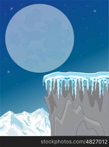 Night in mountain in winter. The Night landscape of the snow mountains and.Vector illustration