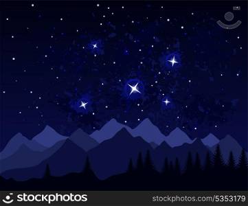 Night in mountains. Galaxies and stars in space. A vector illustration
