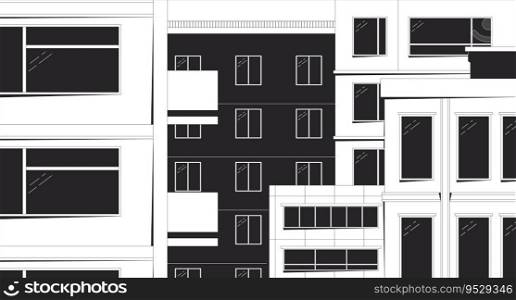 Night in old town black and white chill lo fi background. Residential buildings outline 2D vector cartoon cityscape illustration, monochromatic lofi wallpaper desktop. Bw 90s retro art. Night in old town black and white chill lo fi background
