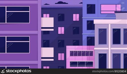 Night in old town chill lo fi background. Residential buildings 2D vector cartoon cityscape illustration, purple lofi wallpaper desktop. Sunset aesthetic 90s retro art, dreamy vibes. Night in old town chill lo fi background