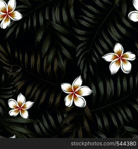 Night jungle background of tropical leaves and flowers seamless pattern. Dark wallpaper vector