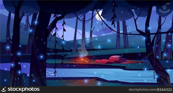 Night jungle forest with sw&and firefly vector background. Fantasy game landscape with tree, pond water, c&fire and pillow. Fantastic and spooky adventure illustration with moonlight and glowworm. Night jungle forest with sw&and firefly vector