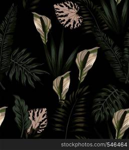 Night jungle tropical composition white flowers seamless pattern