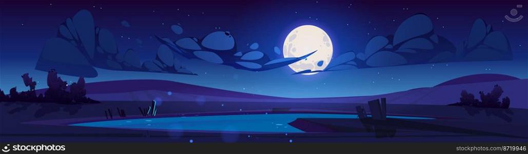Night lake landscape cartoon vector illustration. Mysterious big moon and many stars shining bright in cloudy dark sky over moonlit calm water surface. Summer midnight scene. Spooky atmosphere. Night lake landscape cartoon vector illustration