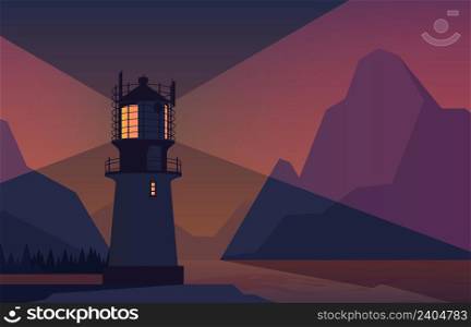 Night landscape lighthouse. Ocean with rocks in water splashes and lighthouse glowing around symbol for easy navigation in sea garish vector background. Night ocean lighthouse landscape illustration. Night landscape lighthouse. Ocean with rocks in water splashes and lighthouse glowing around symbol for easy navigation in sea garish vector background