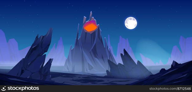 Night landscape volcano with red glowing magma in crater under starry sky with full moon. Nature background with mountains and rock with glow hot liquid in volcanic mouth, Cartoon Vector illustration. Night landscape volcano with red glowing magma