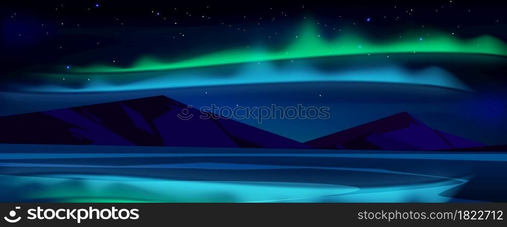 Night landscape with aurora borealis in sky, lake and mountains on horizon. Vector cartoon illustration of green and blue northern lights and stars in winter sky above arctic sea. Night landscape with aurora borealis in sky