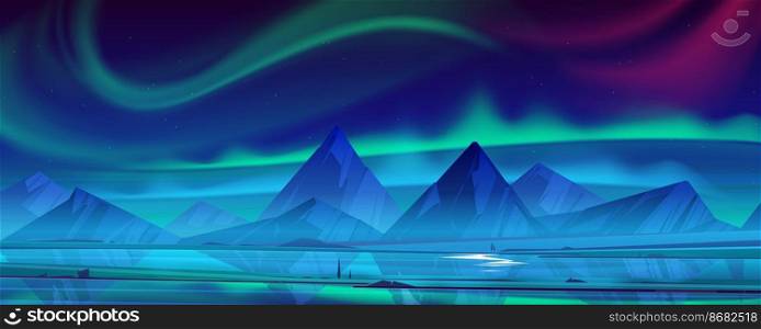 Night landscape with aurora borealis in sky, river and mountains on horizon. Vector cartoon illustration of green and pink northern lights and stars in winter sky above nordic rocks. Night landscape with aurora borealis in sky